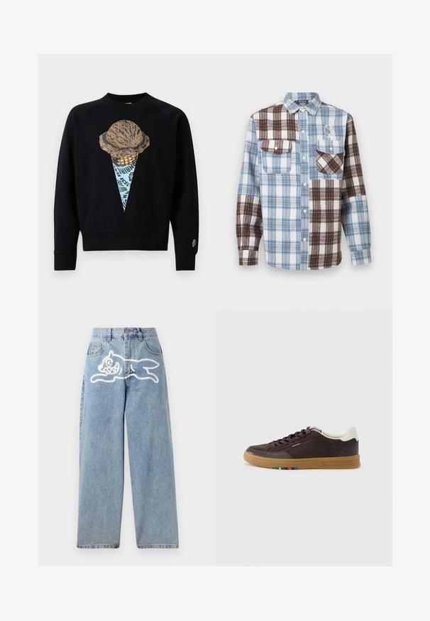 Sort sweatshirt med en grafisk print af en isvaffel med en tekstureret kugle, akkompagneret af blå og guld detaljer.; Skjorte med lange ærmer og knapper, med tern i blå, brun og hvid og to brystlommer, hvoraf den ene har klap med knap.; Lysblå denimjeans med en afslappet, bred pasform. Har et hvidt motiv af en løbende kat på bagsiden. Klassisk fem-lomme design.; Mørkebrun ruskindssneaker med rågummisål, hvid hælflig, snørelukning og lille multicolor detalje på siden af sålen.