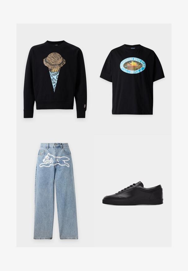 Sort sweatshirt med en grafisk print af en isvaffel med en tekstureret kugle, akkompagneret af blå og guld detaljer.; Sort T-shirt med en blå oval logo, der viser en solnedgang, palmer, en boombox og tekst "Billionaire Boys Club 2003."; Lysblå denimjeans med en afslappet, bred pasform. Har et hvidt motiv af en løbende kat på bagsiden. Klassisk fem-lomme design.; Sort lavtstående lædersneaker med snørebånd foran og flad gummisål, vist fra siden på en ensartet hvid baggrund.