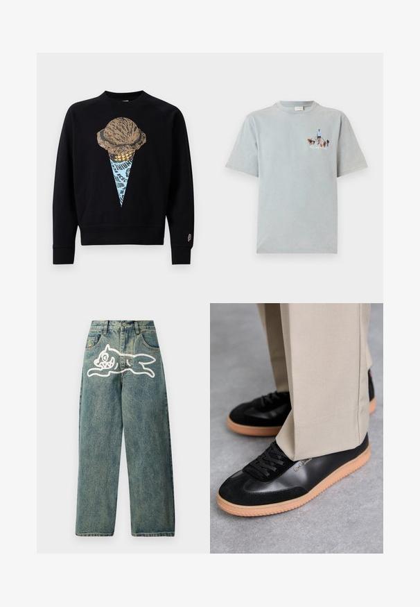 Sort sweatshirt med en grafisk print af en isvaffel med en tekstureret kugle, akkompagneret af blå og guld detaljer.; Lyseblå bomulds t-shirt med korte ærmer og rund hals, med et grafisk design af en person, der går med hunde på fronten.; Lyseblå denimjeans med en løs pasform, der har et stort hvidt kattegrafik på venstre ben og et traditionelt femlomme-design.; Paul Smith COMO - Sneakers - black