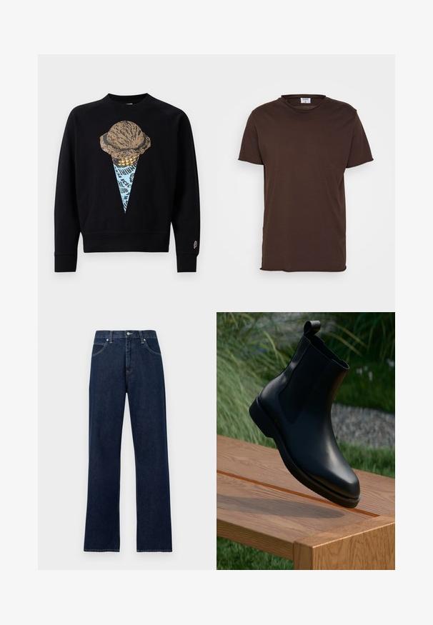 Sort sweatshirt med en grafisk print af en isvaffel med en tekstureret kugle, akkompagneret af blå og guld detaljer.; Filippa K ROLL NECK TEE - T-shirts basic - dark choco; Mørkeblå denimjeans med lige ben, fem lommer, bæltestropper og lukning med knap og lynlås foran.; Sorte læder ankelstøvler med en glat overflade, elastiske sidepaneler og en løkke på skaftet, placeret på en træoverflade.