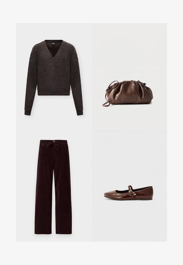 Pull gris foncé à manches longues avec un col en V profond et des poignets et un ourlet côtelés, présenté sur un fond clair uni.; Pantalons en velours côtelé bordeaux foncé à coupe décontractée, avec une taille à nouer et des poches avant. La texture est côtelée et le tissu semble doux.; Ballerine en cuir verni marron avec un bout carré et une lanière ornée d'une petite boucle dorée. Texture lisse, talon bas et design minimaliste.; Sacoche en cuir marron doux avec un haut froncé et une fine bandoulière, posée sur un fond blanc.