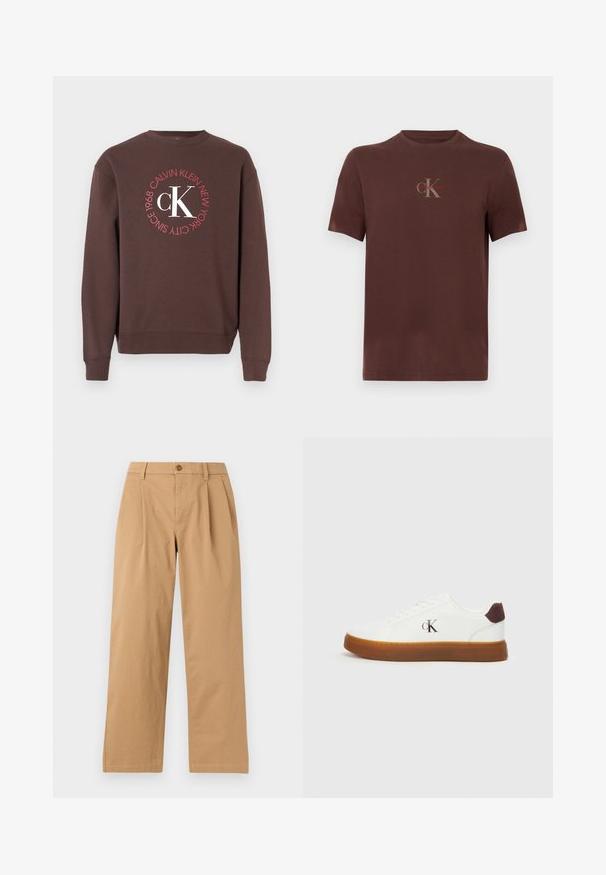 Brun sweatshirt med lange ærmer, rund halsudskæring og en rund hvid og rød grafik med teksten "Calvin Klein New York 1968" og "CK".; Brun bomuld t-shirt med korte ærmer, med et brystlogo i grå og rød, rund halsudskæring og en afslappet pasform.; Lysebrune bukser med lige ben, forplisseringer foran, bæltestropper og knaplukning ved taljen mod en ensfarvet baggrund.; Hvide sneakers med en gummisål, flade snørebånd og en hæl-accent i brunt ruskind. Har et subtilt præget "cK" logo på siden.