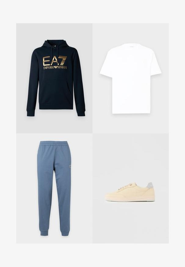 Sweat-shirt bleu marine avec un grand logo doré EA7 ; il possède une poche kangourou, une capuche avec cordon de serrage et des poignets côtelés pour un design ajusté.; T-shirt en coton blanc avec un col rond, des manches courtes et une coupe décontractée. Texture lisse, détails minimaux, sans motifs ni graphiques.; Pantalon décontracté bleu avec taille et poignets élastiques, avec un petit logo sur la cuisse supérieure sur fond uni.; Baskets basses beige à lacets, semelle rose clair et languette grise à l'arrière marquée "Filling Pieces", vues de profil sur fond uni.