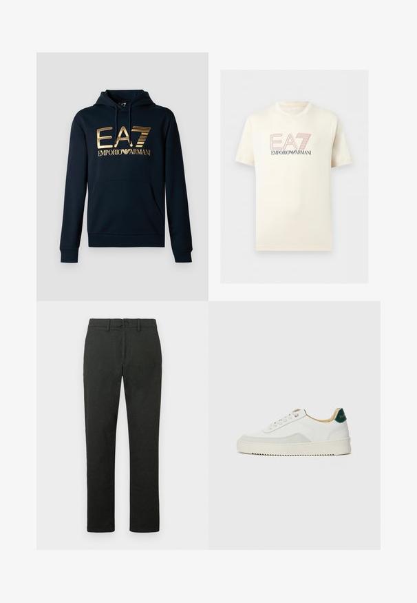 Marineblå hættetrøje med et stort guld EA7-logo; har en kængurulomme, snørelukning i hætten og ribbede manchetter for en tætsiddende pasform.; Flødefarvet T-shirt med korte ærmer og "EA7 Emporio Armani"-logo i stiliseret rødt og sort tekst centreret på brystet.; Sorte bukser med lige ben design, lavet af et glat stof, med en frontknaplukning og to sidelommer.; Hvide sneakers med ruskindsdetaljer, rund tå, flade snørebånd og en cremet gummisål. Har grøn branding på hælen.