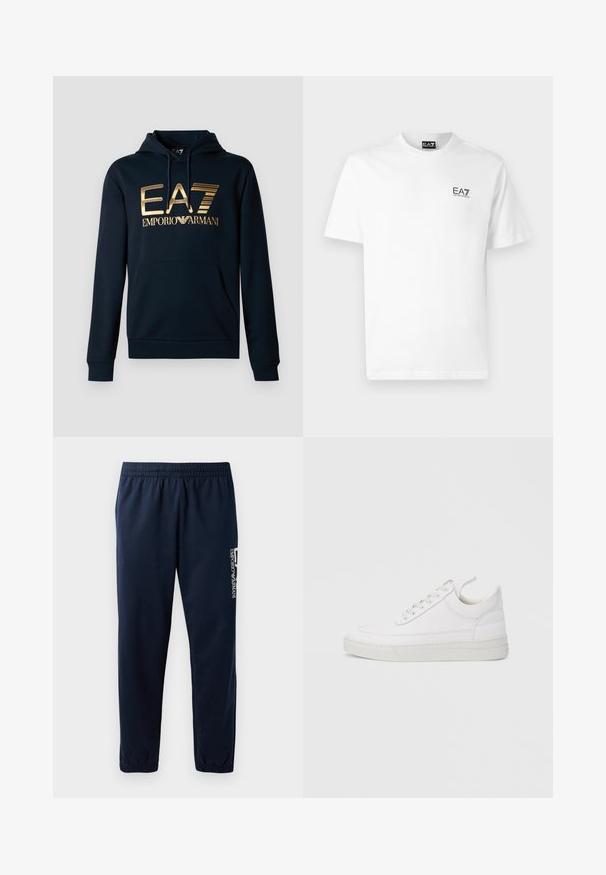 Sudadera navy con un gran logo dorado de EA7; cuenta con un bolsillo canguro, capucha con cordón y puños acanalados para un diseño ajustado.; Camiseta de algodón blanca con cuello redondo, mangas cortas y un logo negro de EA7 en el lado izquierdo del pecho. Textura suave y lisa.; Pantalones de chándal azul marino con cintura elástica, piernas ajustadas y un logo blanco en el lateral. Tejido suave con una textura ligera.; Zapatilla blanca de cuero con punta redondeada, suela plana y cierre de cordones. Presenta detalles de costuras y un cuello acolchado para mayor comodidad.