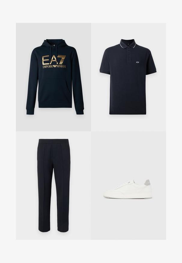 Marineblå hættetrøje med et stort guld EA7-logo; har en kængurulomme, snørelukning i hætten og ribbede manchetter for en tætsiddende pasform.; Mørkeblå polo skjorte lavet af bomuld, med en tre-knap front, hvid kravekant og et lille hvidt logo på brystet.; Sorte bukser med lige ben, frontsøm, elastisk talje og sidelommer på en ensfarvet lys baggrund.; Hvid lavtop-sneaker med gråt hælflig, hvide snørebånd og tekstureret sål, vist på en ensfarvet lys baggrund.