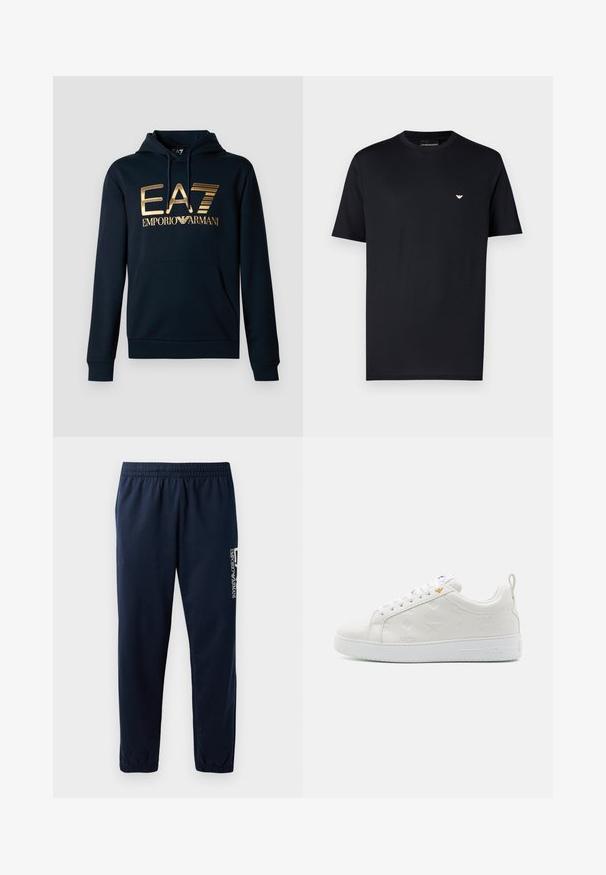 Marineblå hættetrøje med et stort guld EA7-logo; har en kængurulomme, snørelukning i hætten og ribbede manchetter for en tætsiddende pasform.; Sort bomuld T-shirt med rund hals, korte ærmer og et lille guldlogo på brystet. Glat tekstur, almindelig pasform.; Marineblå sweatpants med elastisk talje, tætsiddende ben og et hvidt logo på siden. Glat stof med en let tekstur.; Hvide sneakers med præget MCM-logo, glat læderoverdel, rund tå, tynde snørebånd og struktureret gummisål. Guldfarvet detalje nær hæltab.