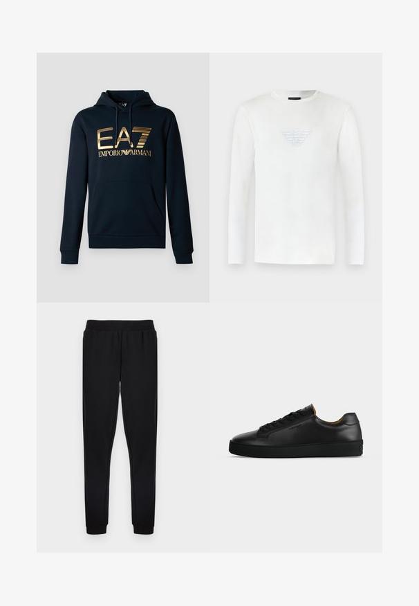 Marineblå hættetrøje med et stort guld EA7-logo; har en kængurulomme, snørelukning i hætten og ribbede manchetter for en tætsiddende pasform.; Hvid langærmet sweatshirt med rund hals og præget Emporio Armani ørnlogo placeret midt på brystet.; Sorte joggingbukser med elastisk taljebånd, tilspidsede ben og ribstrikkede ankler, lavet af blødt stof uden synlige mønstre.; Sort lavtopet læder-sneaker med sorte snørebånd, tekstureret gummisål og lille præget logo på siden, vist i profil mod grå baggrund.