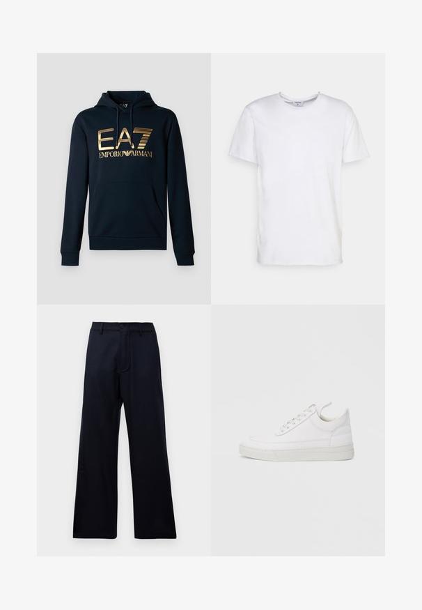 Sudadera navy con un gran logo dorado de EA7; cuenta con un bolsillo canguro, capucha con cordón y puños acanalados para un diseño ajustado.; Camiseta blanca de manga corta hecha de algodón. Presenta un escote redondo y un corte holgado, sin patrones ni acentos visibles.; Pantalones anchos de cintura alta negros con pasadores de cinturón, botón frontal y cierre de cremallera sobre un fondo blanco liso.; Zapatilla blanca de cuero con punta redondeada, suela plana y cierre de cordones. Presenta detalles de costuras y un cuello acolchado para mayor comodidad.
