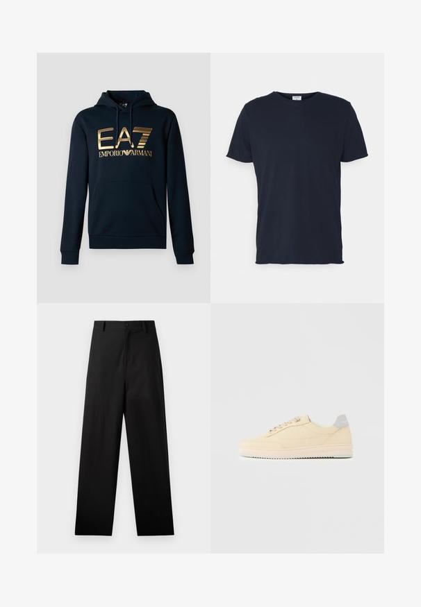Marineblauwe hoodie met een groot gouden EA7-logo; voorzien van een kangoeroezak, een capuchon met trekkoord en geribbelde mouwen voor een nauwsluitend ontwerp.; Navyblauwe katoenen t-shirt met ronde hals en korte mouwen, met een gladde textuur en eenvoudig ontwerp, zonder zichtbare patronen of accenten.; Zwarte broek van katoen met een rechte pijpdesign, voorzien van een sluiting met een knoop aan de voorkant en zijzakken. Gladde textuur, geen patronen.; Beige lage sneaker met veters aan de voorkant, lichtroze zool en een grijze hieltab met het merk "Filling Pieces", zijaanzicht op een effen achtergrond.