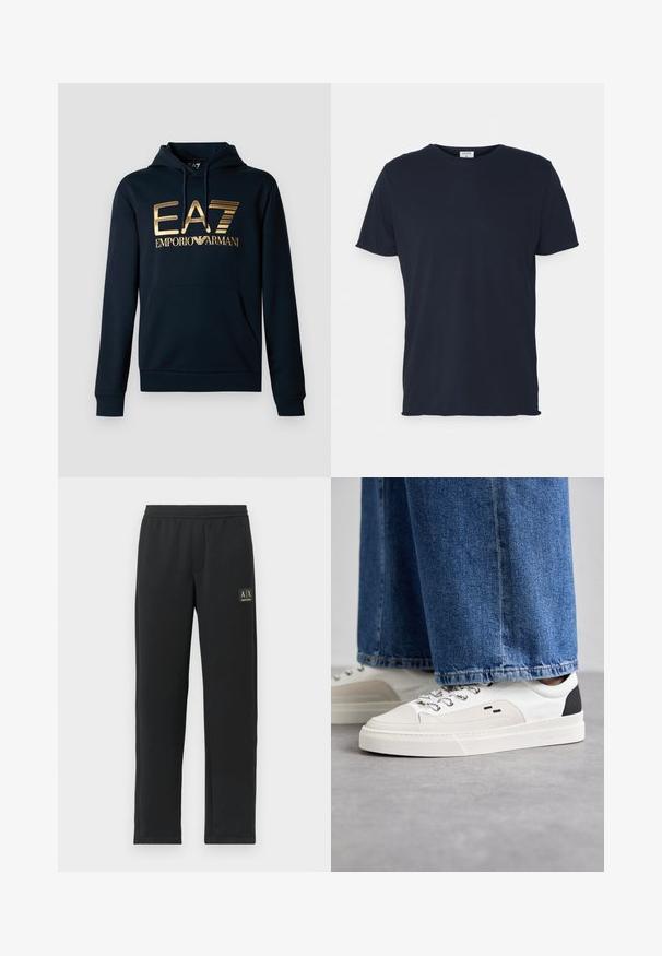 Marineblå hættetrøje med et stort guld EA7-logo; har en kængurulomme, snørelukning i hætten og ribbede manchetter for en tætsiddende pasform.; Marineblå bomulds t-shirt med rund hals og korte ærmer, med en glat tekstur og enkel design, uden synlige mønstre eller accenter.; Sorte sweatpants med lige ben, elastisk talje og sort logo-patch på venstre lår.; Hvide og sorte sneakers med en glat læderoverdel, teksturerede detaljer og en kraftig hvid sål. Har et klassisk snørebåndsdesign.