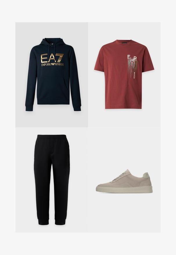 Marineblauwe hoodie met een groot gouden EA7-logo; voorzien van een kangoeroezak, een capuchon met trekkoord en geribbelde mouwen voor een nauwsluitend ontwerp.; Korte mouw roestrode T-shirt met meerkleurig verticaal "EMPORIO ARMANI" tekstontwerp op de linkerborst.; Zwarte taps toelopende joggingbroek met elastische tailleband en boorden, zijzakken en subtiel logo op de rechterdij tegen een effen achtergrond.; Beige suède sneakers met een gestructureerde afwerking, ronde neus en tonale veters. Voorzien van een dikke rubberen zool en subtiele branding op de hiel.