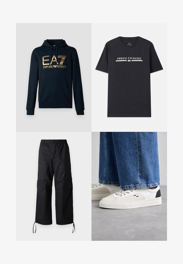 Marineblauwe hoodie met een groot gouden EA7-logo; voorzien van een kangoeroezak, een capuchon met trekkoord en geribbelde mouwen voor een nauwsluitend ontwerp.; Zwarte katoenen t-shirt met het logo "Armani Exchange" en "1991" in witte en lichtblauwe tekst op de borst. Korte mouwen, ronde hals.; Zwarte cargobroek van lichtgewicht stof, met brede pijpen, een elastische tailleband en verstelbare koordjes bij de manchetten. Twee zijzakken.; Witte en zwarte sneakers met een glad leren bovenwerk, textuuraccenten en een chunky witte zool. Heeft een klassiek vetersluiting ontwerp.