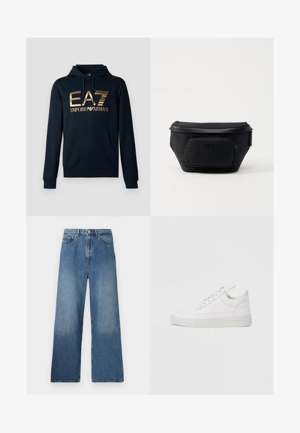 Marineblå hættetrøje med et stort guld EA7-logo; har en kængurulomme, snørelukning i hætten og ribbede manchetter for en tætsiddende pasform.; Bredde ben blå denim jeans med et klassisk fem-lomme design, frontlukning med knap og let falming for tekstur.; Hvid lædersneaker med rundet tå, flad sål og snørebånd foran. Har syningsdetaljer og polstret krave for komfort.; Sort nylon taske med en frontlomme med lynlås, der har en glat overflade og et logo som accent. Struktureret design med fold-over top.