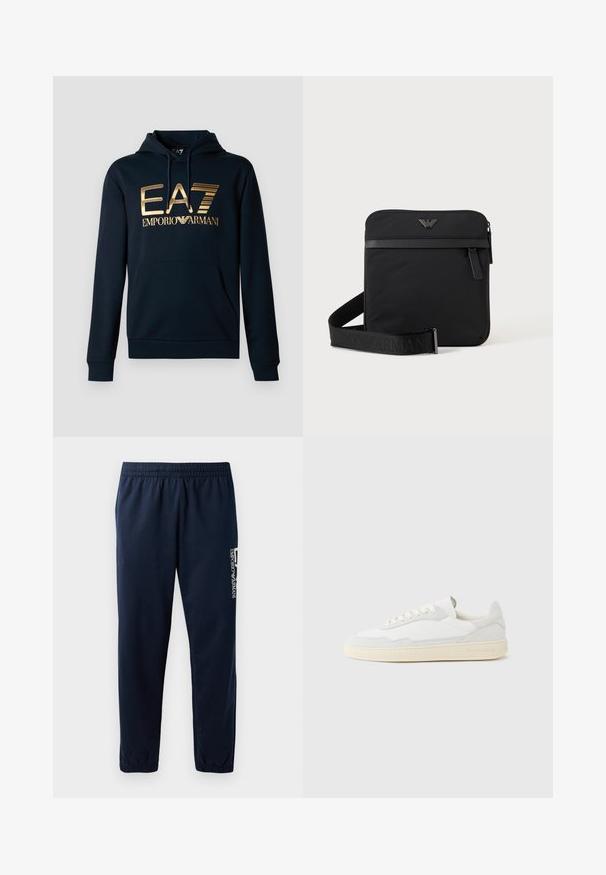 Marineblauwe hoodie met een groot gouden EA7-logo; voorzien van een kangoeroezak, een capuchon met trekkoord en geribbelde mouwen voor een nauwsluitend ontwerp.; Marineblauwe trainingsbroek met een elastische tailleband, taps toelopende pijpen en een wit logo aan de zijkant. Gladde stof met een lichte textuur.; Witte sneaker met een bovenwerk van gestructureerd suède en leer. Voorzien van een afgeronde neus, vetersluiting en een contrasterende beige rubberen zool.; Zwarte vierkante schoudertas met ritssluiting, voorvak en verstelbare band met geperste merknaam.
