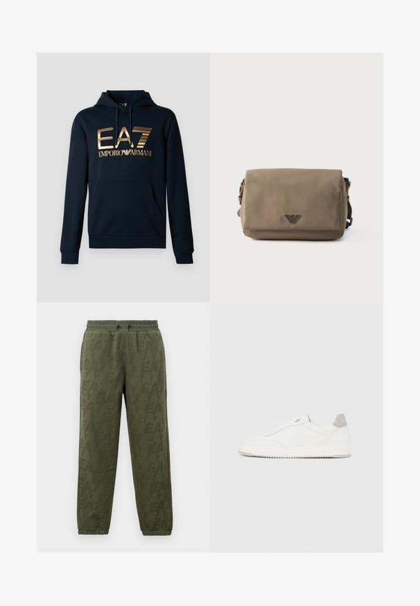 Sudadera navy con un gran logo dorado de EA7; cuenta con un bolsillo canguro, capucha con cordón y puños acanalados para un diseño ajustado.; Joggers de forro polar verde oliva con cintura y puños elásticos, que presentan un sutil patrón tonal del logo de EA7 en toda la prenda.; Zapatilla blanca de corte bajo con pestaña en el talón gris, cordones blancos y suela texturizada, presentada sobre un fondo claro y liso.; Bolso bandolera rectangular color topo con cierre de solapa y pequeño emblema de logo metálico centrado en el frente sobre un fondo blanco.