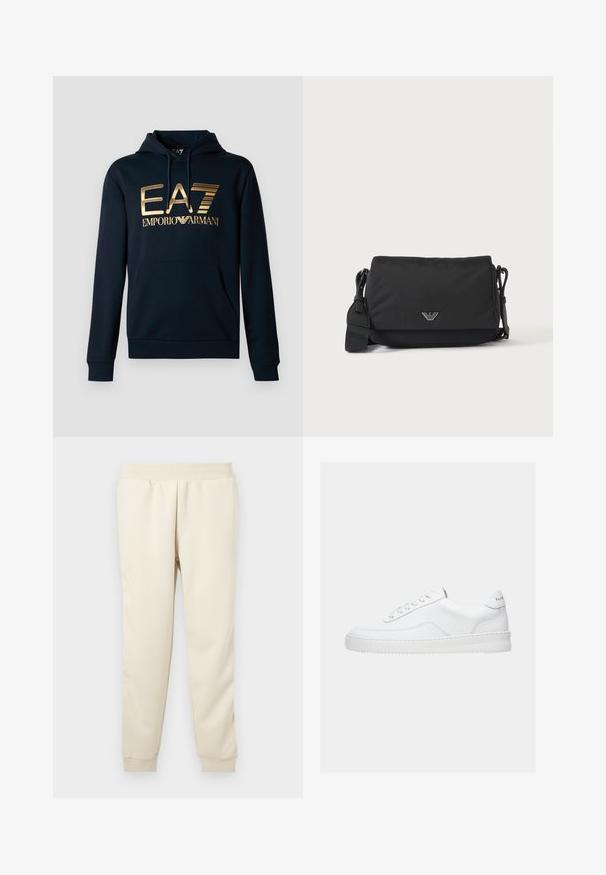 Sweat-shirt bleu marine avec un grand logo doré EA7 ; il possède une poche kangourou, une capuche avec cordon de serrage et des poignets côtelés pour un design ajusté.; Pantalons de survêtement beige clair fabriqués en tissu doux avec un design fuselé, une ceinture élastique et des poignets aux chevilles. Pas de motifs ou d'accents visibles.; Baskets basses blanches avec un design à lacets, dessus en cuir lisse et semelle épaisse, montrées de profil sur un fond uni.; Sac bandoulière noir avec sangle réglable et petit emblème logo argenté sur le rabat avant, présenté sur un fond clair uni.