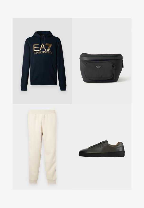 Marineblå hættetrøje med et stort guld EA7-logo; har en kængurulomme, snørelukning i hætten og ribbede manchetter for en tætsiddende pasform.; Lys beige sweatpants lavet af blødt materiale med en tætsiddende design, elastisk talje og manchetter ved anklerne. Ingen synlige mønstre eller accenter.; Lavtskåret mørkegrå læder sneaker med sorte snørebånd og sål, minimalistisk design, sideprofil på en ensfarvet lys baggrund.; Sort bæltetaske med frontlynlåslomme og sølv ørn-logo, glat stof med tekstureret kant og lynlåstræk.