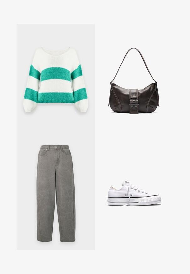 Pull court en tricot avec un large décolleté en V, présentant un motif rayé vert et blanc, des manches bouffantes et une finition douce et texturée.; Pantalons en denim gris avec une coupe décontractée, taille haute, design à cinq poches et décoloration subtile. Comprend une fermeture éclair et un bouton en métal.; Baskets basses en toile blanche avec lacets blancs, bandes noires sur la semelle et embout en caoutchouc texturé, vue de côté sur fond blanc.; Sac à épaule en cuir marron avec une forme courbée, présentant un détail de boucle proéminent, des coutures contrastantes et une seule bandoulière.