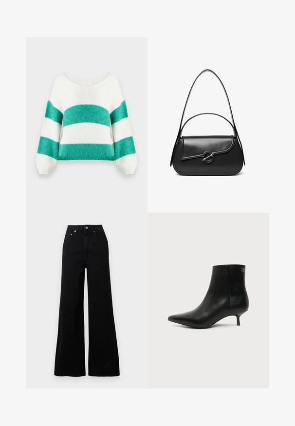 Pull court en tricot avec un large décolleté en V, présentant un motif rayé vert et blanc, des manches bouffantes et une finition douce et texturée.; Jeans larges noirs en denim, avec une taille haute, cinq poches, une fermeture à boutons sur le devant, et des détails de couture minimaux.; Bottine en cuir noir avec bout pointu et petit talon kitten sur fond clair, vue côté extérieur.; Sac à bandoulière en cuir noir avec un rabat incurvé fermé par un fermoir métallique rond et une sangle fine et ajustable.