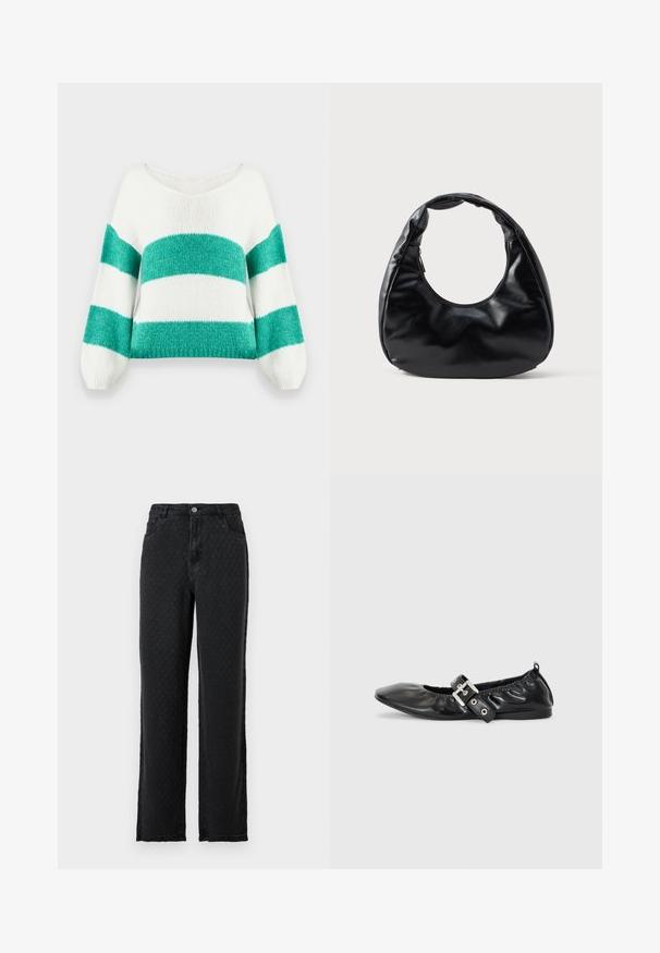 Pull court en tricot avec un large décolleté en V, présentant un motif rayé vert et blanc, des manches bouffantes et une finition douce et texturée.; Jeans larges noirs texturés avec poches avant et fermeture à bouton sur fond uni.; Chaussure plate en cuir noir avec un nez pointu, des détails froncés autour de l'ouverture et un accent en boucle argentée sur la bride ajustable.; Sac à main en simili cuir noir avec une forme de croissant unique, une large poignée rembourrée et une fermeture éclair. Texture lisse et brillante, design minimaliste.