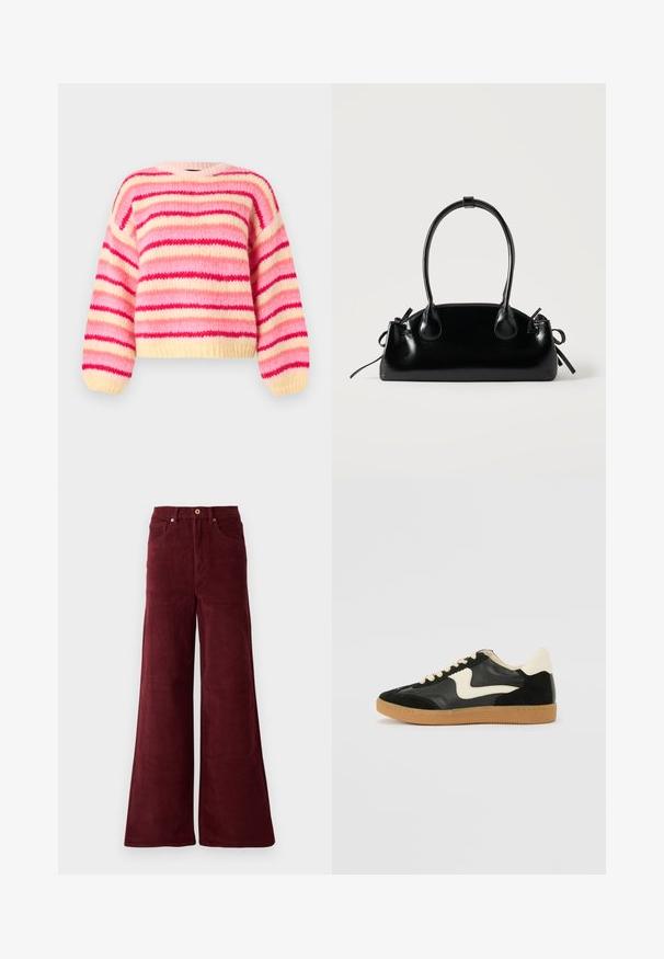 Pull en maille épaisse avec des rayures horizontales rose, rouge et crème, doté d'un col rond et de manches longues bouffantes.; Pantalons en velours côtelé large de couleur bordeaux, avec une taille haute, des poches avant et une fermeture à bouton. Tissu texturé à côtes sur toute la surface.; Baskets en daim et cuir noir avec un swoosh latéral crème et un talon crème clair. Dotées de lacets beige et d'une semelle en caoutchouc gomme.; Petit sac à main noir brillant avec deux longues anses et des détails à cordon sur les côtés sur un fond clair uni.
