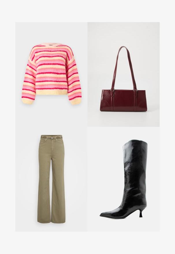 Pull en maille épaisse avec des rayures horizontales rose, rouge et crème, doté d'un col rond et de manches longues bouffantes.; Pantalons taille haute à jambe large en kaki avec poches avant et arrière, passants de ceinture et fermeture par bouton et zip.; Botte en cuir noire brillante, haute jusqu'au genou, avec bout pointu et talon bas courbé sur un fond clair uni.; Sac à main bordeaux en matériau brillant, de forme rectangulaire, avec deux anses et des accents légèrement courbés à l'avant.
