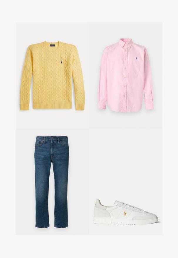 Pull jaune en maille torsadée avec poignets et ourlet côtelés, portant un petit logo bleu sur la poitrine. Confectionné en tissu doux et texturé.; Chemise rose clair à manches longues avec patte de boutonnage, col boutonné et petit logo brodé bleu sur la poitrine gauche.; Jean en denim bleu foncé avec une coupe droite, comprenant cinq poches et un subtil détail de couture orange. Le matériau a une finition légèrement texturée.; Baskets basses blanches avec design à lacets, logo Polo Ralph Lauren doré sur le côté et semelle texturée sur fond uni.