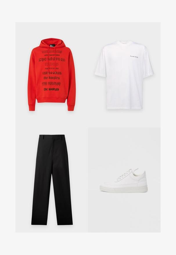 Sweat à capuche rouge avec du texte imprimé noir utilisant des polices variées. Le matériau semble doux, avec une poche kangourou et une capuche ajustable par un cordon.; T-shirt blanc à manches courtes en coton avec un col en V, présentant un logo noir "FILLING PIECES" imprimé sur le côté gauche.; Pantalons noirs en coton avec une coupe droite, dotés d'une fermeture à bouton à l'avant et de poches latérales. Texture lisse, sans motifs.; Baskets en cuir blanc avec un embout arrondi, une semelle plate et un laçage à l'avant. Présentent des détails de couture et un col rembourré pour plus de confort.