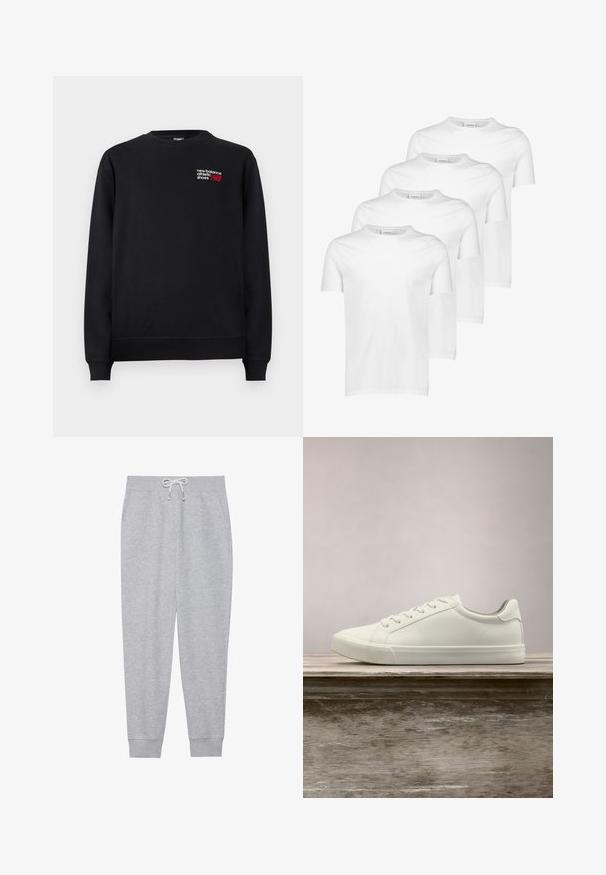 Schwarzer Sweatshirt aus Baumwollmischung, mit Rundhals, gerippten Bündchen und einem kleinen rot-weißen "New Balance"-Logo auf der Brust.; Weiße Baumwoll-T-Shirts, kurze Ärmel, runder Ausschnitt, glatte Textur, vier Stück gestapelt mit einheitlichem Design und ohne Muster oder Akzente.; Graue Sweatpants aus weichem Stoff, mit einem elastischen Bund und einem Kordelzug, seitlichen Taschen und gerippten Bündchen an den Knöcheln.; Weiße Schnürsneaker, die über einer Holzbank mit grünem Laub im Hintergrund schweben und das Schuhdesign sowie die Textur zeigen.