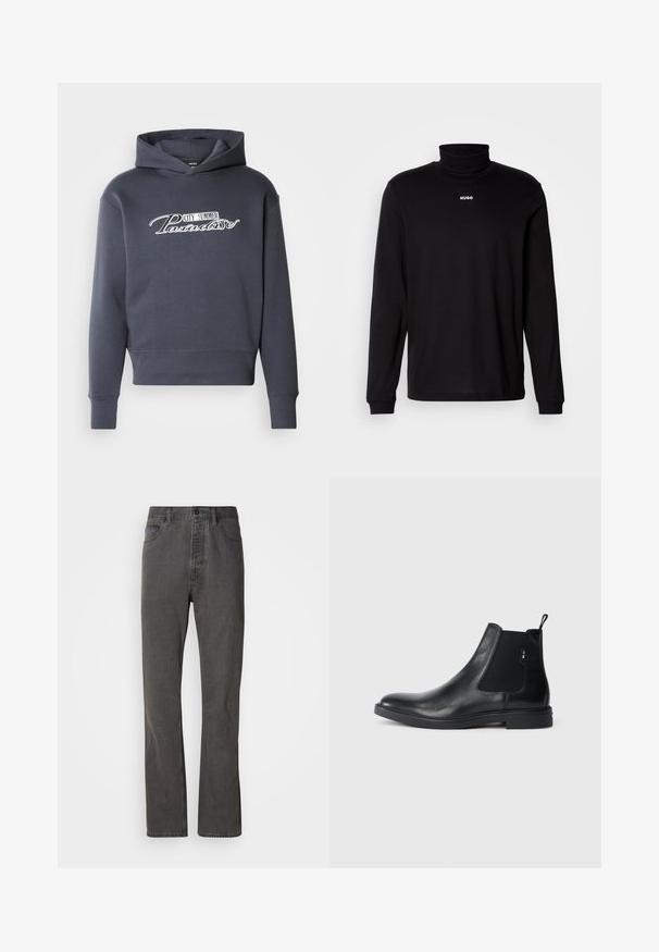 Hættetrøje i mørkegrå med hvidt skrifttekst "CITY SUMMER Paradise" på fronten. Blødt stof, ribbede manchetter og kant.; Sort langærmet turtleneck skjorte lavet af glat stof, med et hvidt "HUGO" logo på brystet, samt tætsiddende manchetter og kant.; Grå denim jeans med lige ben-design, der har forlommer, knaplukning og subtil tekstur.; Sorte læder Chelsea støvler med elastiske sidepaneler, en pull-tab og en flad gummisål. Glat tekstur med minimal detaljer.