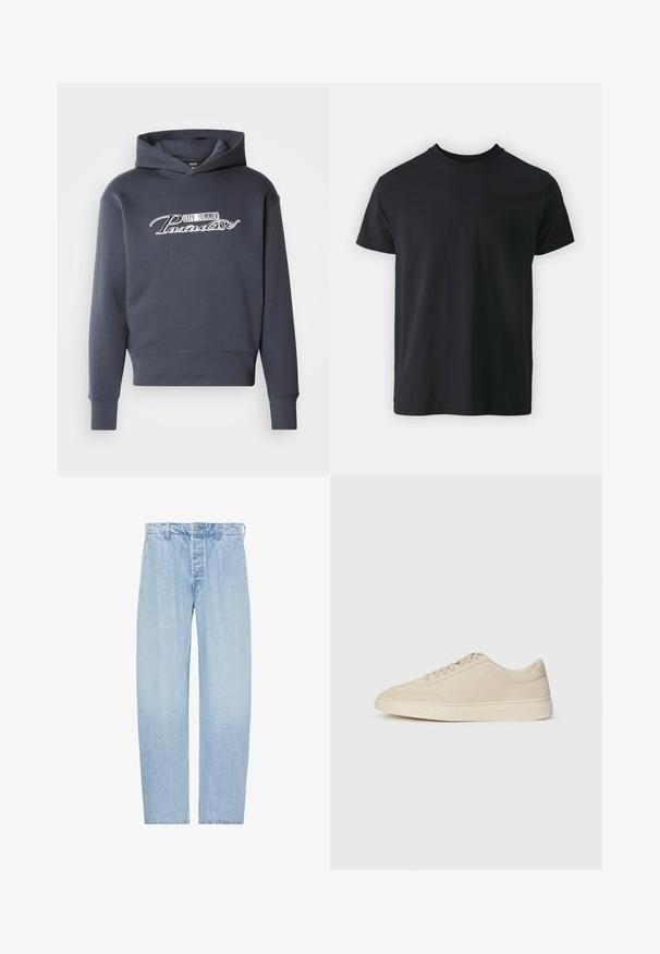 Hættetrøje i mørkegrå med hvidt skrifttekst "CITY SUMMER Paradise" på fronten. Blødt stof, ribbede manchetter og kant.; Sort bomulds t-shirt med kortærmer, rund halsudskæring og en afslappet pasform. Glat tekstur og lige kant, ingen synlige grafikker eller mønstre.; Lyseblå højhalset, straight-leg jeans med knap- og lynlåslukning, bæltestropper og sidelommer, vist fladt på hvid baggrund.; Beige ruskind lavtop sneakers med snørebånd, rund tå og en tyk gummisål, vist i højre sideprofil på en hvid baggrund.