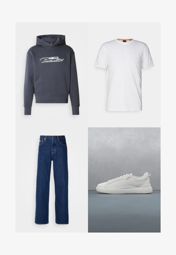 Hættetrøje i mørkegrå med hvidt skrifttekst "CITY SUMMER Paradise" på fronten. Blødt stof, ribbede manchetter og kant.; Hvid bomulds T-shirt med rund hals, korte ærmer og et subtilt præget logo på brystet. Indvendigt mærke har en orange detalje.; Mørkeblå denimjeans med et bredt ben-design, der har en knaplukning og klassisk fem-lomme styling. Stoffet har en glat tekstur.; Hvide sneakers med en glat læderfinish, rund tå, fire snørehuller, subtile perforeringer og en rød logo detalje på siden.