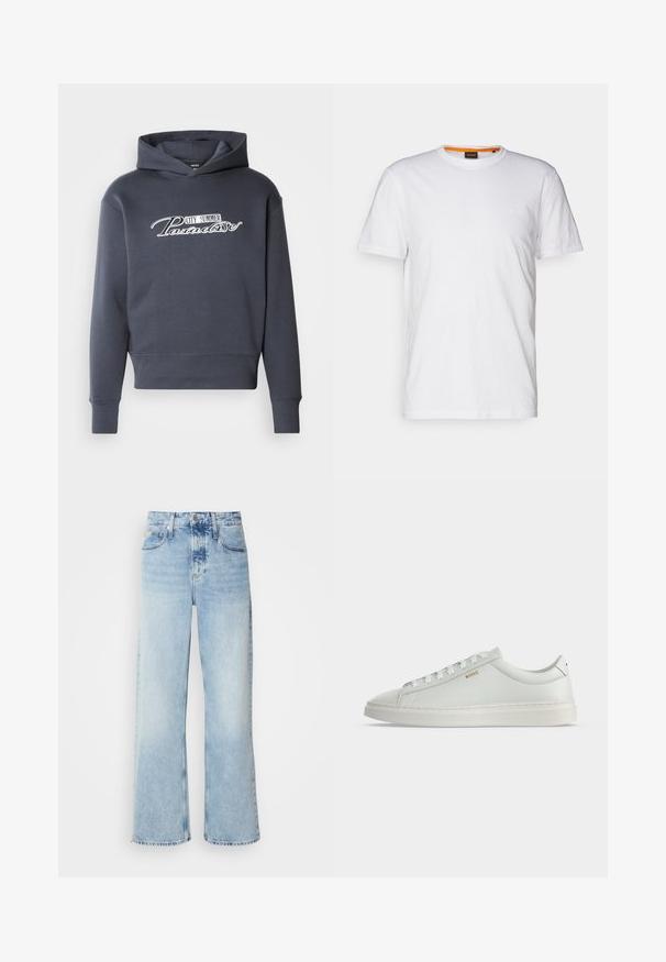 Hættetrøje i mørkegrå med hvidt skrifttekst "CITY SUMMER Paradise" på fronten. Blødt stof, ribbede manchetter og kant.; Hvid bomulds T-shirt med rund hals, korte ærmer og et subtilt præget logo på brystet. Indvendigt mærke har en orange detalje.; Lysblå vide jeans med høj talje, der har en falmet finish, bæltestropper og klassisk fem-lomme design. Kantene er rå.; Hvid lavtop lædersneakers med snørebånd, flad sål og lille gyldent "BOSS" logo på siden, set fra ydersiden.