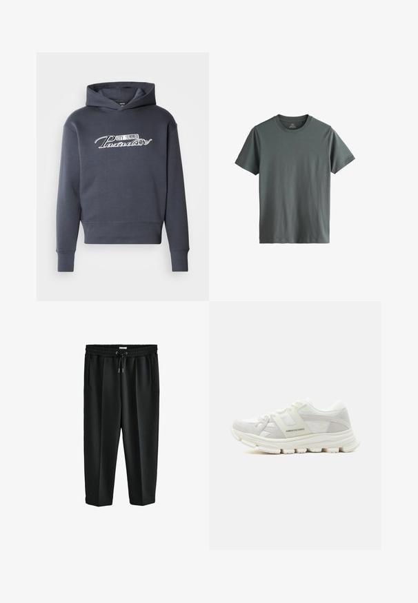 Hættetrøje i mørkegrå med hvidt skrifttekst "CITY SUMMER Paradise" på fronten. Blødt stof, ribbede manchetter og kant.; Mørkegrå T-shirt med korte ærmer i muskelpasform med rund hals og jævnt stof, vist fladt på en hvid baggrund.; Sorte sportbukser med elastisk talje, snørebåndslukning, to sidelommer og en løs pasform for komfort. Glat stoftekstur.; Hvid lavtop sneaker med tekstureret sål, mesh- og ruskindsdetaljer, snørebåndslukning og "Armani Exchange"-branding på siden.