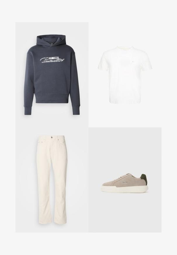 Hættetrøje i mørkegrå med hvidt skrifttekst "CITY SUMMER Paradise" på fronten. Blødt stof, ribbede manchetter og kant.; Hvid T-shirt med korte ærmer og rund hals med lille broderet "ck" logo på venstre bryst.; Beige bomuldsjeans med et klassisk lige ben-design, der har en forreste knaplukning, fem lommer og diskrete syninger.; Beige ruskinds sneakers med en hvid gummisål, der har en mørkegrøn hælaccent og subtil branding på siden.