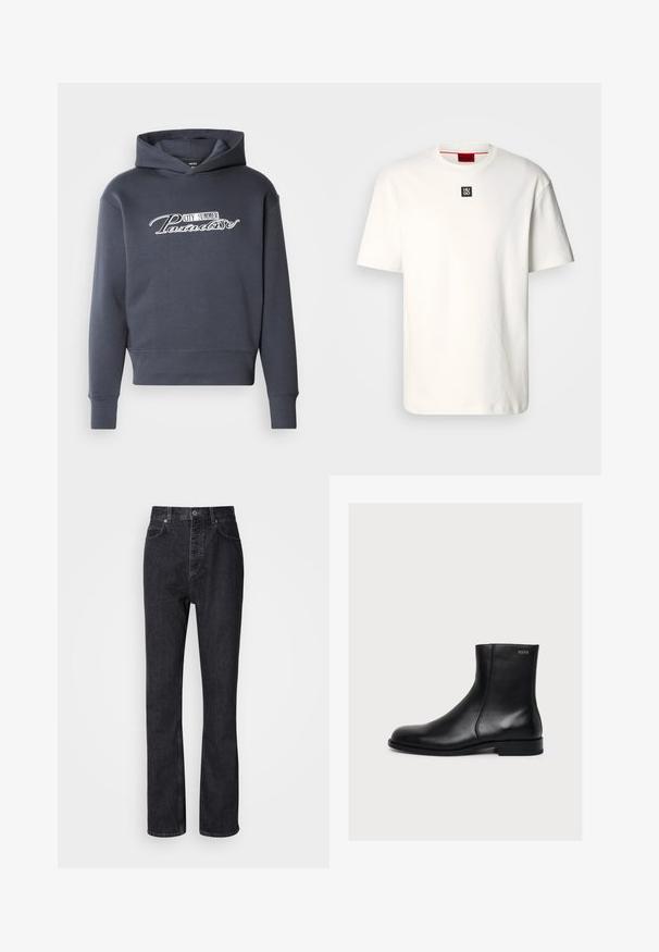 Kapuzensweatshirt in Dunkelgrau mit weißem Schriftzug "CITY SUMMER Paradise" auf der Vorderseite. Weicher Stoff, gerippte Bündchen und Saum.; Weißes Baumwoll-T-Shirt mit Rundhalsausschnitt, kurzen Ärmeln und einem kleinen schwarzen Quadratlabeled mit "HUGO" auf der Brust. Schlichte Gestaltung, weiche Textur.; Hochtaillierte schwarze Jeans aus Denim mit Knopf- und Reißverschluss, Vorder- und Hintertaschen sowie einer geraden Passform.; Schwarzer, glatter Lederknöchelstiefel mit niedrigem Absatz und seitlichem Reißverschluss, mit Hugo nahe dem oberen Rand beschriftet.