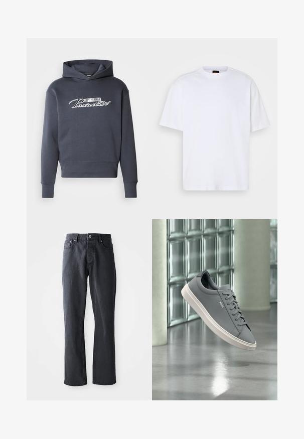 Kapuzensweatshirt in Dunkelgrau mit weißem Schriftzug "CITY SUMMER Paradise" auf der Vorderseite. Weicher Stoff, gerippte Bündchen und Saum.; Weißes Baumwoll-T-Shirt mit Rundhalsausschnitt, kurzen Ärmeln und lässiger Passform. Verfügt über strukturierte Schulternaht für zusätzliche Details.; Dunkelgraue Denim-Jeans mit geradem Bein, fünf Taschen, Knopf- und Reißverschluss-Verschluss vorne und kontrastierenden Steppdetails.; Grauer BOSS Sneaker mit weißer Sohle, geschnürt, schwebt drinnen vor einer Glassteinwand und poliertem Betonboden.