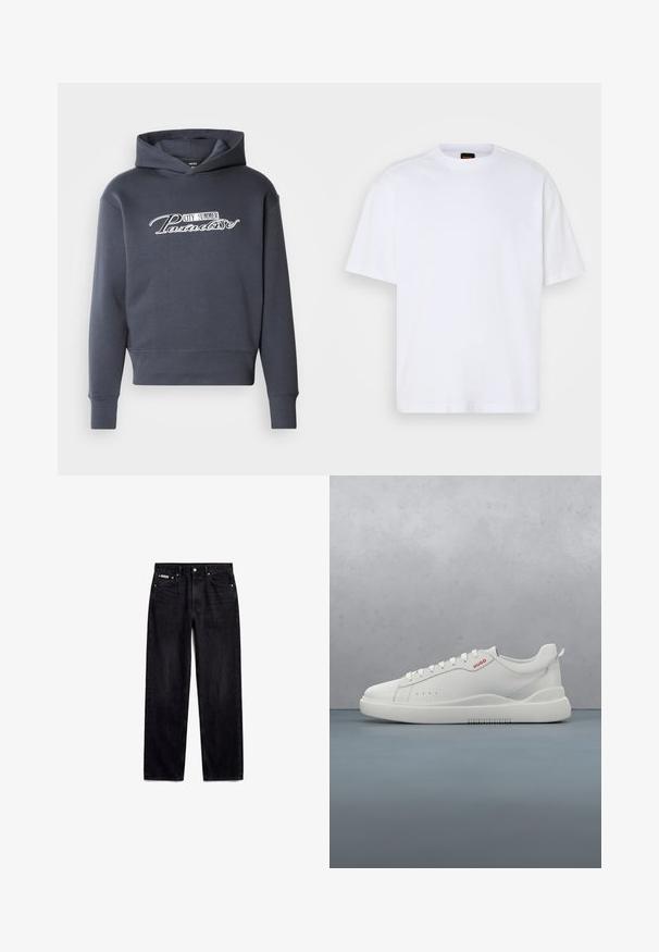 Hættetrøje i mørkegrå med hvidt skrifttekst "CITY SUMMER Paradise" på fronten. Blødt stof, ribbede manchetter og kant.; Hvid bomulds T-shirt med rund hals, korte ærmer og en afslappet pasform. Har strukturerede skuldersømme for ekstra detaljer.; Sorte straight leg jeans med fem lommer, metal knap og Calvin Klein label på den lille forreste lomme.; Hvide sneakers med en glat læderfinish, rund tå, fire snørehuller, subtile perforeringer og en rød logo detalje på siden.