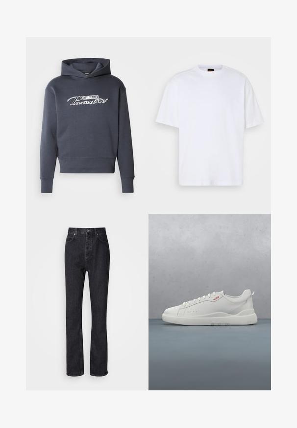 Hoodie in donkergrijs, met witte scripttekst "CITY SUMMER Paradise" op de voorkant. Zachte stof, ribgebreide boorden en zoom.; Witte katoenen T-shirt met ronde hals, korte mouwen en een ontspannen pasvorm. Heeft textuur op de schoudernaden voor extra detail.; Hoge taille zwarte denim jeans met een knoop- en ritssluiting, voor- en achterzakken en een rechte pasvorm.; Witte sneaker met een gladde leren afwerking, ronde neus, vier veterogen, subtiele perforaties en een rood logo detail aan de zijkant.