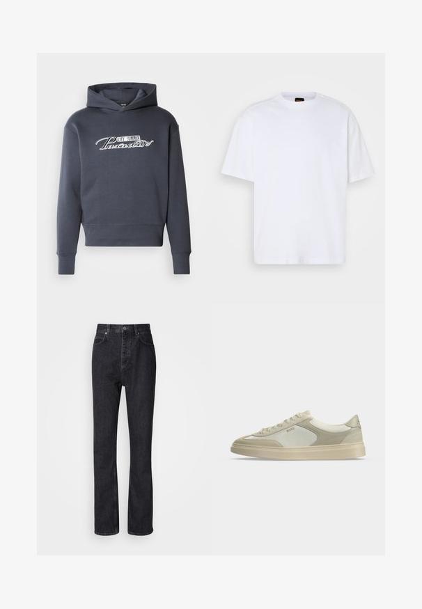 Hættetrøje i mørkegrå med hvidt skrifttekst "CITY SUMMER Paradise" på fronten. Blødt stof, ribbede manchetter og kant.; Hvid bomulds T-shirt med rund hals, korte ærmer og en afslappet pasform. Har strukturerede skuldersømme for ekstra detaljer.; Høj talje sorte denim jeans med knap- og lynlåsåbning, for- og baglommer samt lige ben.; Beige og off-white lavtopsneaker med snørebånd, ruskinddetaljer og "BOSS" logo på siden, vist i profil på en ensfarvet baggrund.