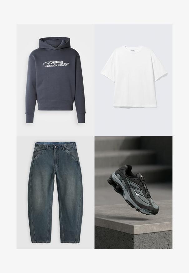 Hoodie in donkergrijs, met witte scripttekst "CITY SUMMER Paradise" op de voorkant. Zachte stof, ribgebreide boorden en zoom.; Witte oversized T-shirt met korte mouwen, ronde hals en verlaagde schouders, plat op een lichtgrijze achtergrond.; Donkergrijze denim jeans met hoge taille, schuine voorzakken, knoopsluiting, riemlussen en licht taps toelopende pijpen.; Grijze en zwarte sportieve sneaker met meshpanelen en dikke zool, zwevend in de lucht boven een betonnen richel met trappen op de achtergrond.
