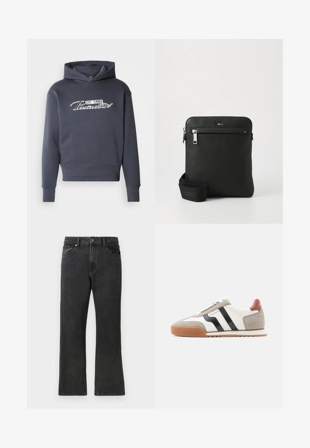 Hoodie in donkergrijs, met witte scripttekst "CITY SUMMER Paradise" op de voorkant. Zachte stof, ribgebreide boorden en zoom.; Zwarte denim jeans met een rechte pasvorm, met een middelhoge taille, vijf zakken en een knoopsluiting. Subtiele vervaagde textuur overal.; Sneaker met een bovenwerk van suède en leer in grijs, wit en zwart. Heeft een zool van gumrubber en contrasterende accenten op de hiel en strepen.; Zwarte leren crossbodytas met een plat ontwerp, een gestructureerd oppervlak, ritssluiting, voorvak en een verstelbare stoffen riem.