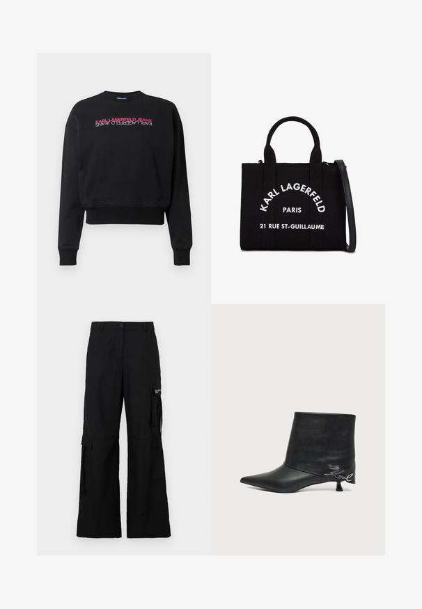 Sweatshirt noir en mélange de coton, avec des poignets et un ourlet côtelés, arborant un texte vertical "KARL LAGERFELD JEANS" en rose et blanc à l'avant.; Pantalons cargo noirs à jambes larges, dotés de poches latérales, d'une fermeture à bouton et fabriqués en tissu léger.; Bottine en cuir noir avec bout pointu, petit talon kitten et détail écrit argenté près du talon.; Sac à main en tissu noir avec deux poignées supérieures et une bandoulière amovible. Caractérisé par un texte blanc : "KARL LAGERFELD PARIS 21 RUE ST-GUILLAUME."