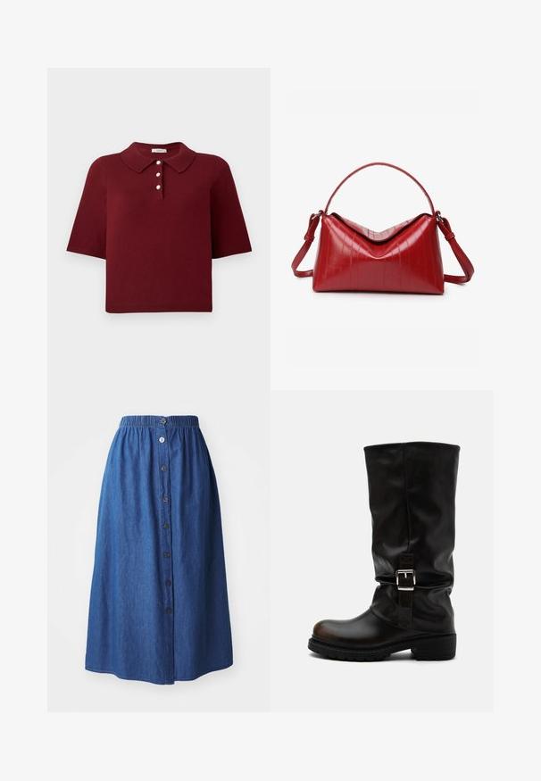 Burgundin neulottu polo paita, jossa on lyhyet hihat, klassinen kaulus ja neljän napin pääntie, jossa on pyöreät valkoiset napit.; Denimhame, jossa on joustava vyötärö, sininen kangas, täyspitkä, edessä nappisuljenta ja hieno rakenne. Ei näkyviä kuvioita tai yksityiskohtia.; Korkea musta nahkaa oleva saapas pyöreällä kärjellä, matalalla korolla, sivusoljella ja hieman rennolla varrella valkoisella taustalla.; Punainen käsilaukku, joka on valmistettu kiiltävästä materiaalista ja jossa on jäsennelty muoto. Laukussa on kaareva kahva, säädettävä olkahihna ja pystysuuntaiset painetut kuviot.