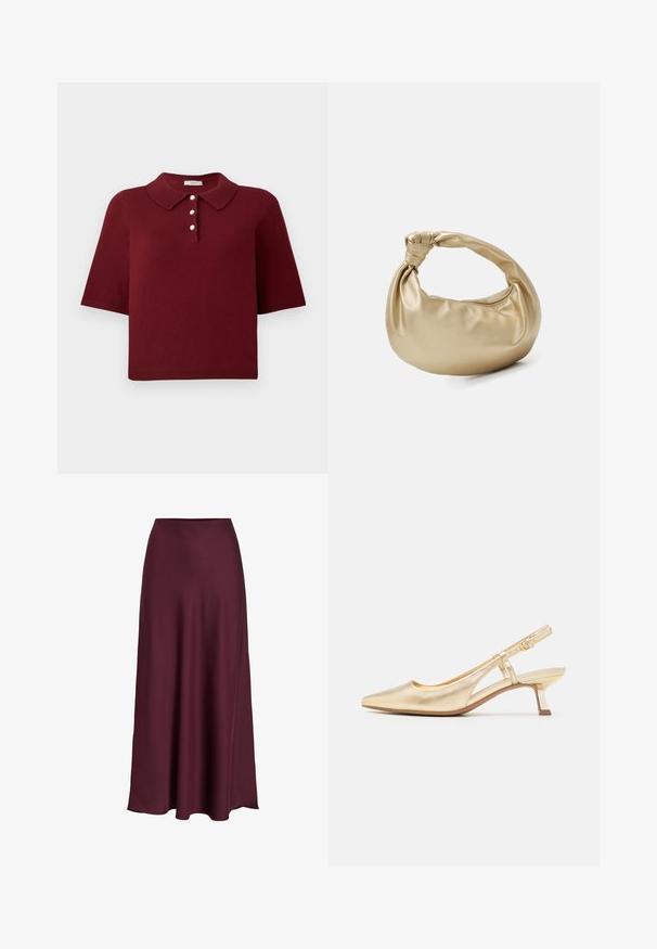 Burgundin neulottu polo paita, jossa on lyhyet hihat, klassinen kaulus ja neljän napin pääntie, jossa on pyöreät valkoiset napit.; Burgundy satiini maksihame, jossa on sileä tekstiili, korkea vyötärö ja virtaava siluetti, joka laajenee lempeästi helmaan.; Kultainen metallinen slingback-kengät, joissa on terävä kärki, hoikka korko ja leikkauksellinen design. Säädettävä nilkkaremmi solkidetalla.; Kultainen metallinen käsilaukku, jossa on sileä ja kiiltävä pinta. Varustettu solmittavalla kahvalla ja pyöreällä, pehmeällä muodolla. Vetoketjukiinnitys ylhäällä.