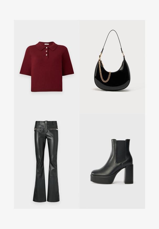 Burgunderfarbener Strick-Polo-Shirt mit kurzen Ärmeln, klassischem Kragen und einer Knopfleiste mit vier runden weißen Knöpfen.; Schwarze, lederne, ausgestellte Hose mit hoher Taille, zwei Reißverschlusstaschen vorne und detaillierten Einsätzen an den Knien.; Schwarze Leder-Stiefelette mit klobigem Blockabsatz, elastischen Seitenpaneelen und glatter Oberfläche. Verfügt über eine Plateausohle für zusätzlichen Schwung.; Schwarze Handtasche aus Lackleder mit geschwungener Form, dünnem Schulterriemen und einer goldenen Kettenakzent auf der Vorderseite. Glatte Textur, minimalistisches Design.
