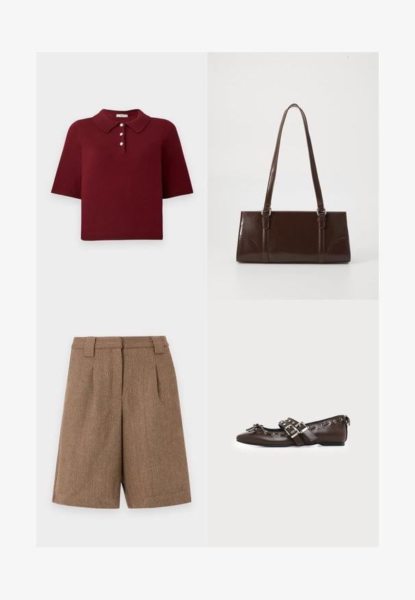 Burgundia nööridega polo särk lühikeste varrukatega, klassikalise kaelusega ja nelja nupuga, millel on ümmargused valged nupud.; Pruun herringbone-mustriga kohandatud lühikesed püksid, millel on vöörihmadega ja esikortsud, eksponeeritud puhtal valgel taustal.; Tumepruun nahast tasapinnaline king terava ninaosaga, topelt hõbedaste pandlatega rihmade, metallist silmade ja esiküljel dekoratiivse lipsuga.; Pruun läikiv naha käekott, millel on ristkülikuline kuju, kaks pikka käepidet ja esipaneelil peened kõverad aktsendid.