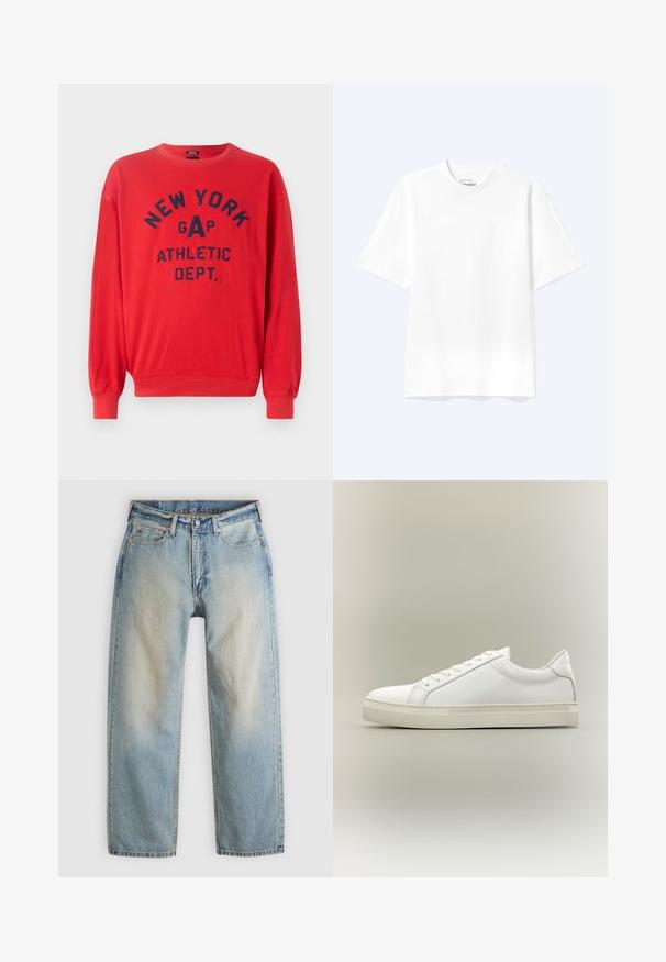 Rotes Sweatshirt aus Baumwollmischung; mit Rundhalsausschnitt, langen Ärmeln und navyblauer Druckschrift "NEW YORK GAP ATHLETIC DEPT."; Schlichtes weißes T-Shirt mit kurzen Ärmeln und Rundhalsausschnitt in entspannter Passform, auf hellem Hintergrund dargestellt.; Hellblaue Jeans aus Denim mit lockerem Sitz, mittlerer Waschung, geraden Beinen, Kupfernieten und klassischem Fünf-Taschen-Design.; Weißer Sneaker mit niedrigem Schaft, vorn mit Schnürung und dicker Sohle, aus der Seitenansicht vor neutralem Hintergrund.