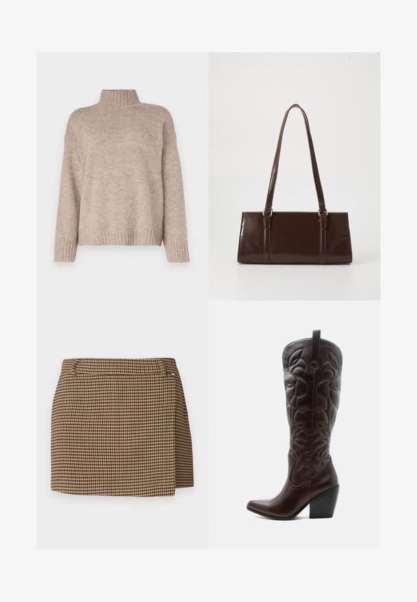 Suéter de punto color beige con un cuello de canalé alto, corte holgado y puños y dobladillo de canalé. Textura suave con un diseño casual.; Mini falda de patrón de espiga en marrón y beige con un ligero detalle de envoltura y presillas para cinturón sobre un fondo blanco.; Bota vaquera alta de cuero marrón oscuro con patrones decorativos cosidos, punta puntiaguda y tacón de bloque apilado.; Bolso de mano de piel sintética marrón con forma rectangular, dos asas largas y sutiles acentos curvados en la parte delantera.